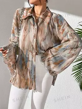 Priv, Модные Женские весенне-летние топы с расклешенными рукавами и случайным принтом Shein, хаки