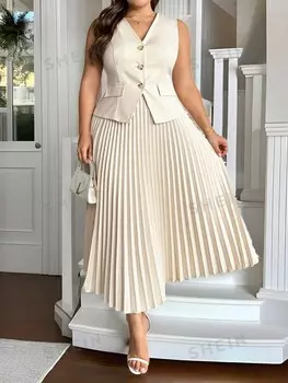 Priv Модный пиджак без рукавов + длинная плиссированная юбка Костюмы больших размеров Shein, абрикосовый