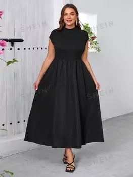 Priv Облегающее платье с короткими рукавами и китайским узором С юбкой с рюшами Женщины больших размеров, черный, новое поступление Shein, черный