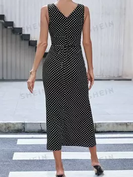 Priv, Облегающее платье в горошек, с высоким разрезом Shein, черно-белый