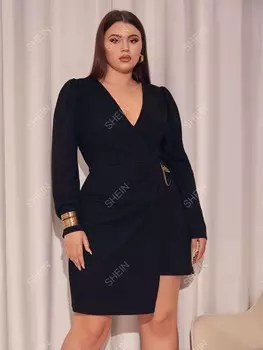 Priv Платье больших размеров, деталь-цепочка, мятые швы, складки Shein, черный