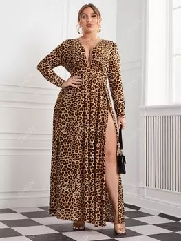 Priv Платье больших размеров, леопардовый принт, глубокий вырез, высокий разрез Shein, мультиколор