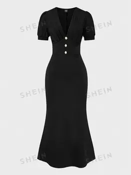 Priv Платье миди с V-образным вырезом, короткие рукава, Однотонное, большой размер Shein, черный