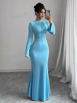 Priv Платье с круглым вырезом и Длинными рукавами для дам Украшен кристаллами Shein, синий