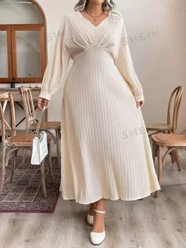 Priv Платье с V-образным вырезом и расклешенными рукавами для женщин больших размеров Shein, абрикосовый