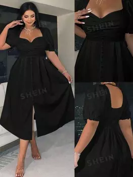 Priv Платье с вырезом в форме сердца, разрезом по бокам, простой Однотонный цвет для повседневной носки. Для женщин больших размеров Shein, черный