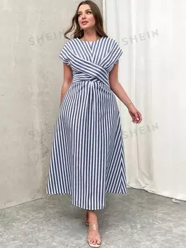 Priv Платье со средней талией для женщин больших размеров, сине-белое Однотонное Платье-перекресток спереди для девочек, осеннее Платье «Снова в школу» Shein, синий/белый