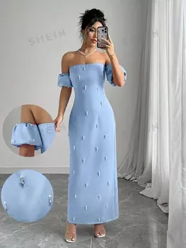 Priv Плотное Облегающее платье, расшитое бисером, Однотонное, с открытыми плечами, для женщин, можно носить как летом, так и осенью Shein, синий