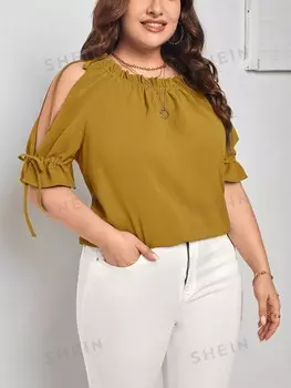 Priv Plus, Блузка с открытыми плечами, детали с узлами, разрезные рукава, плиссированная отделка Shein, желтый