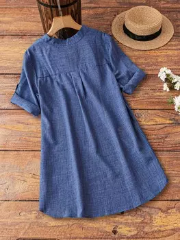 Priv Plus Блузка с вырезом «лодочка» и закатанными рукавами, высоким и низким подолом Shein, синий