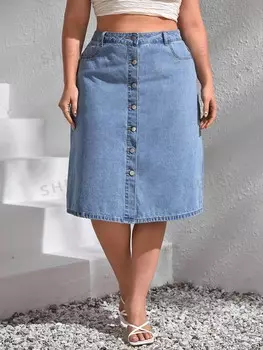 Priv Plus Джинсовая юбка с завышенной талией и пуговицами спереди Shein, синий