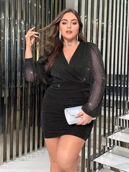 Priv Plus Купальник, облегающий силуэт, воротник-стойка, рукава-фонарики, плиссировка, блестки Shein, черный