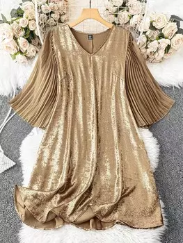 Priv Plus Однотонное Летнее платье с плиссированными рукавами Shein, золотой