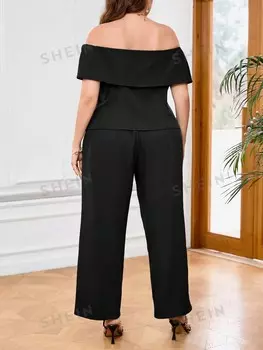 Priv Плюс размер, летний элегантный повседневный простой двубортный двубортный костюм с открытыми плечами и брюками, комплект из двух предметов Shein, черный