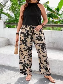 Priv Плюс размер, летний повседневный свободный топ без рукавов и узкие прямые брюки с цветочным принтом, комплект из двух предметов Shein, черный