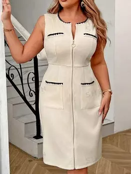 Priv Плюс размер с круглым вырезом без рукавов кружевное лоскутное Женское платье с металлической молнией Shein, абрикосовый