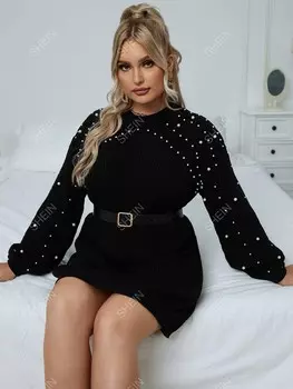 Priv Plus Шелковое платье, нитка жемчуга, заниженная линия плеча, без пояса Shein, черный