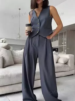 Priv Plus Size Однобортный однобортный костюмный пиджак без рукавов и плиссированные костюмные брюки Shein, темно-серый