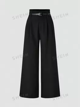 Priv Plus Size Однотонные повседневные плиссированные брюки Shein, черный