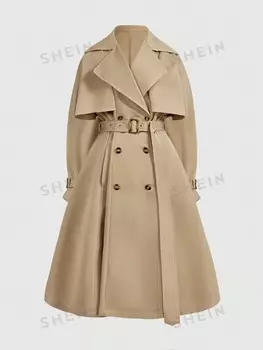 Priv Plus Size Повседневная элегантная повседневная ветровка свободного покроя для женщин цвета хаки, удобная и теплая, с изысканным поясом на талии Shein, хаки