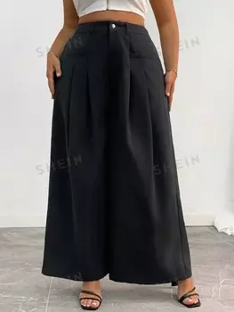 Priv Plus Size Повседневные Однотонные широкие брюки со складками Shein, черный