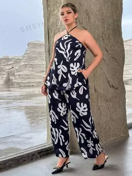 Priv Plus Топ с бретелькой на бретельках и широкими брюками с цветочным принтом Shein, черно-белый