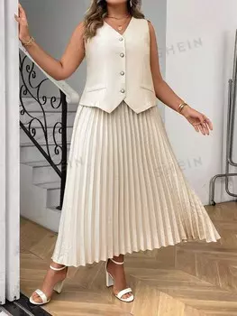 Priv Plus Жилет на пуговицах спереди и плиссированная юбка Shein, абрикосовый