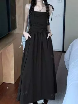 Priv Повседневное Однотонное летнее платье макси с карманами Shein, черный