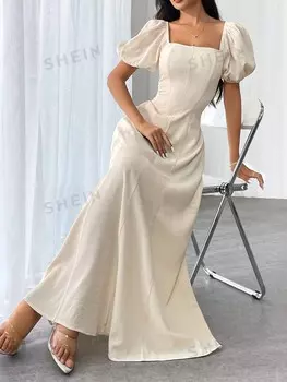 Priv Простое Однотонное Женское платье с пышными рукавами Shein, абрикосовый