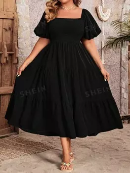 Priv Простое платье с квадратным вырезом, Однотонное, для женщин больших размеров Shein, черный