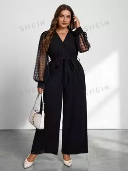 Priv, Простой комбинезон с прозрачными рукавами, вырезом, однотонный, большого размера, для повседневной носки Shein, черный