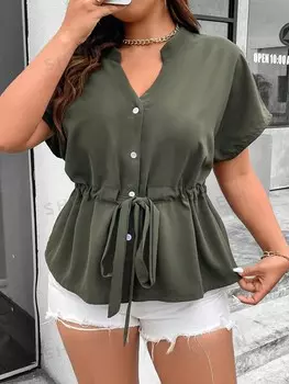 Priv Рубашка больших размеров на пуговицах спереди, с вырезом на воротнике и кулиской на талии Shein, темно-зеленый