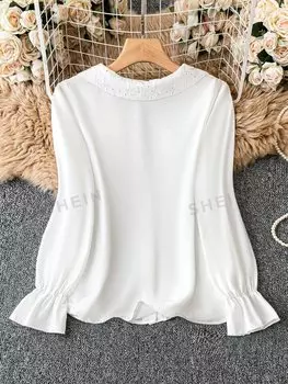 Priv Рубашка больших размеров, узор пэчворк, сетка, вышивка, однотонный цвет Shein, белый