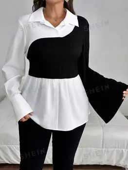 Priv Рубашка с длинными рукавами, трикотажная и тканая, черно-белая, асимметричная, для рабочей одежды. Очень большой размер, элегантный дизайн Shein, черно-белый