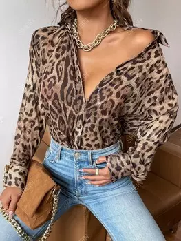 Priv Рубашка с леопардовым принтом и пуговицами Shein, коричневый