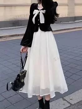 Priv Сетчатое платье с рукавами-фонариками и бантом Shein, черно-белый