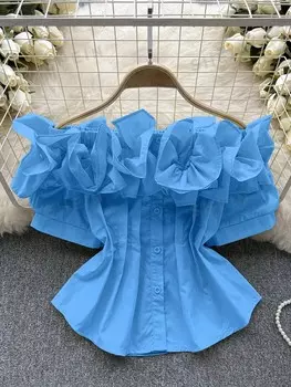 Priv Шифоновая блузка с короткими рукавами, вырезом с открытыми плечами и узкой талией для лета Специальный размер для женщин Shein, синий