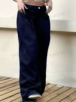 Priv Широкие свободные брюки со складками для женщин больших размеров Shein, темно-синий