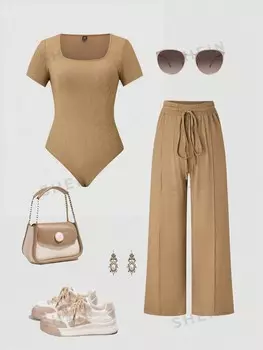 Priv Summer Plus Size Повседневное однотонное боди с короткими рукавами и длинные брюки 2 шт/компл Shein, коричневый