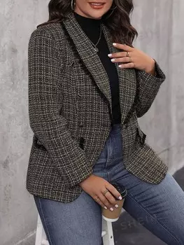 Priv Твидовый пиджак в клетку с шалевым воротником для весны и осени Shein, мультиколор