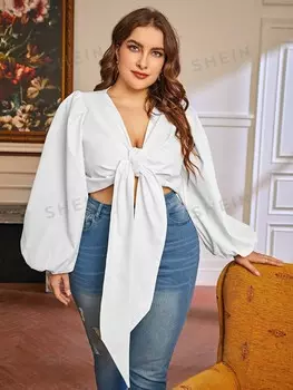 Priv Укороченный топ больших размеров, завязка спереди, широкие манжеты Shein, белый