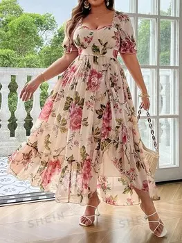 Priv Винтажное платье больших размеров с воротником-сердечком и оборками Shein, мультиколор