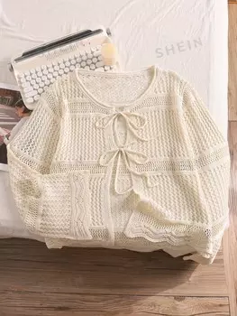 Priv Вязаный кардиган оверсайз, персикового цвета для женщин, длинные рукава, удобно носить в свободное время или в путешествии, узел спереди, нормальный размер Shein, абрикосовый