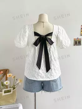 Priv Женская блузка больших размеров, цвет блок, галстук-бабочка сзади, белая рубашка Жаккардовый наряд для школьной осени Shein, белый