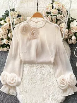 Priv Женская рубашка больших размеров, элегантный однотонный цвет, объемный цветочный декор, для весны и лета Shein, абрикосовый