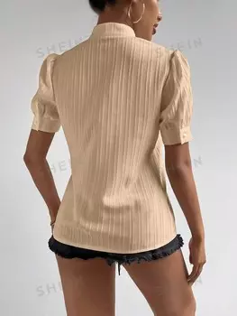 Priv Женская рубашка, кружевная вставка, короткий воротник, рукава-фонарики Shein, хаки