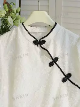 Priv Женская рубашка с высоким воротником больших размеров, новый цветочный принт в китайском стиле цвета корицы Shein, белый