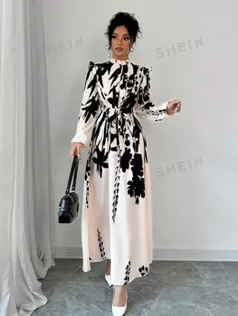 Priv Женские платья Цветочный принт, пояс Shein, абрикосовый