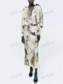 Priv: Женский атласный топ с длинными рукавами и длинная юбка тай-дай, 2 шт/компл Shein, мультиколор