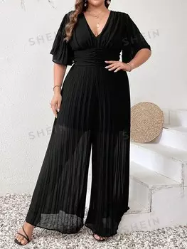 Priv Женский укороченный комбинезон больших размеров с v-образным вырезом, рюшами, рукавами-бабочками и поясом Роскошь для отдыха и путешествий в сезон путешествий Shein, черный